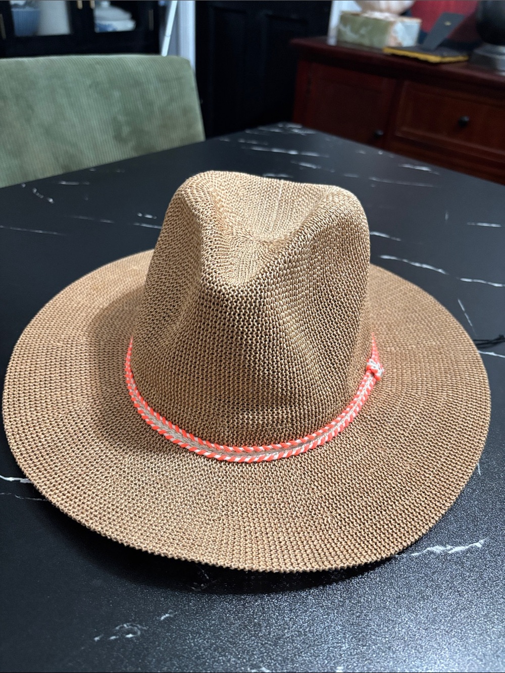 Vince Camuto Brown Straw Fedora with Coral Braid